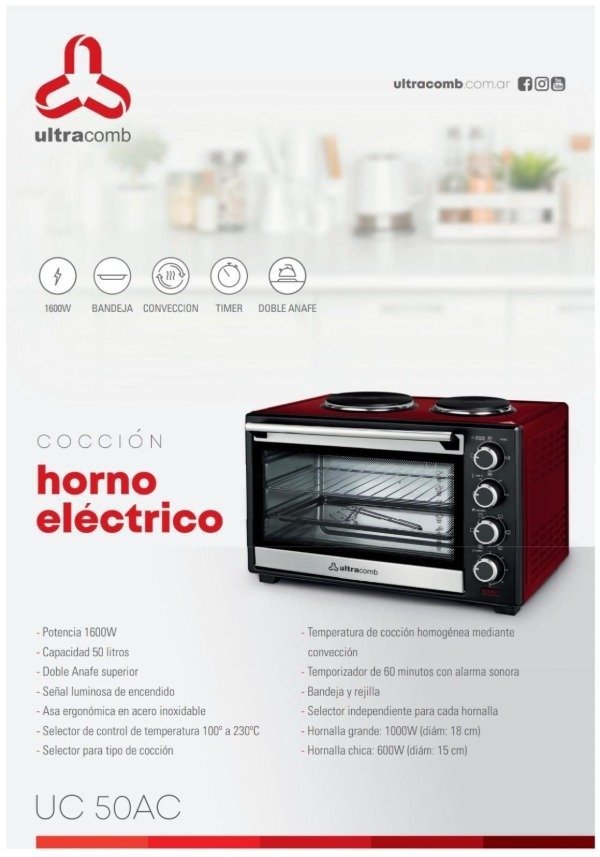 Producto - HORNO ELECTRICO ULTRACOMB 50LTS CON DOBLE ANAFE UC50AC