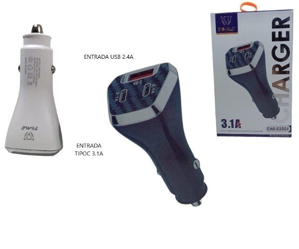 Producto - Cargador auto Time 3.1A (1 Entrada USB Y 2 Entradas TC) CAR-53004