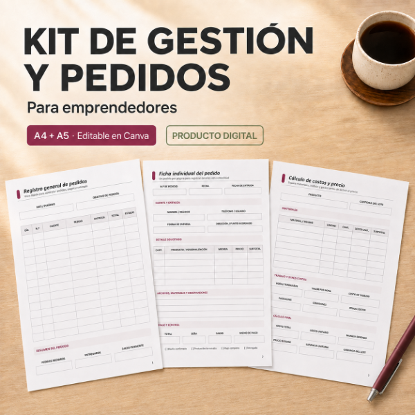 Producto - Kit de gestión de pedidos y costos para emprendedores - A4 y A5 editable - 0