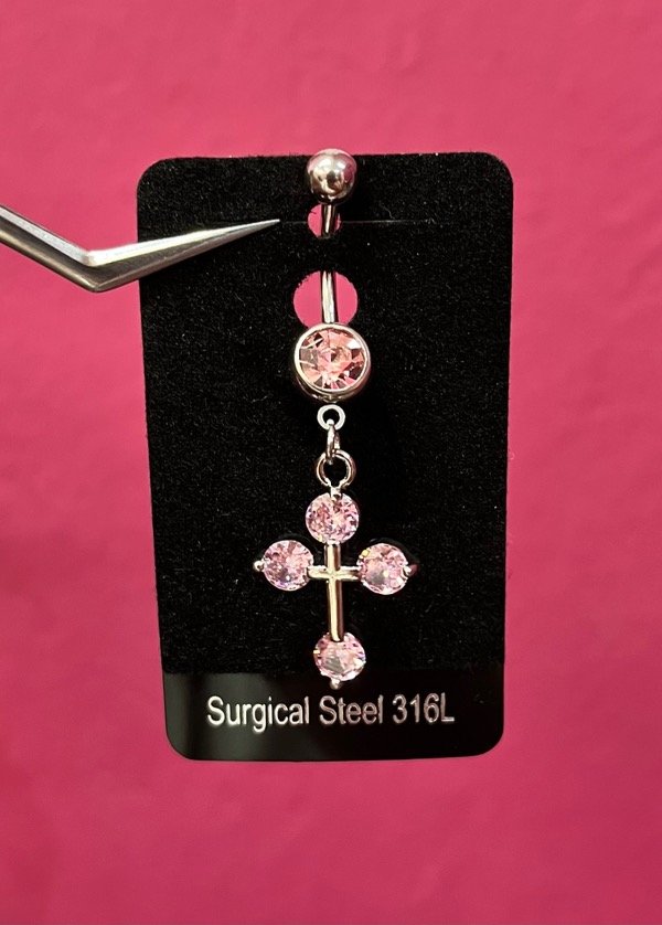 Producto - Piercing de ombligo cruz rosado