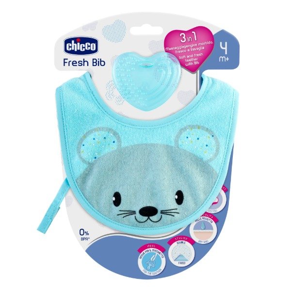 Producto - Kit 3 en 1 Babero, mordillo y listón para chupete Fresh Bib CHICO Celeste. +4m.