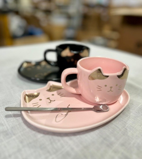 Producto - TAZA DE CERAMICA CON PLATO + CUCHARA GATITO GOLD YM6209 - 1