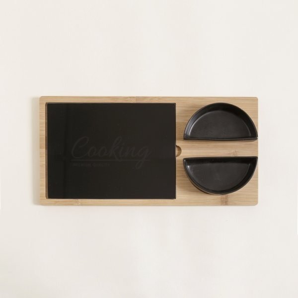 Producto - TABLA DE QUESOS BAMBÚ Y VIDRIO NEGRO CON RECIPIENTES 34X17CM