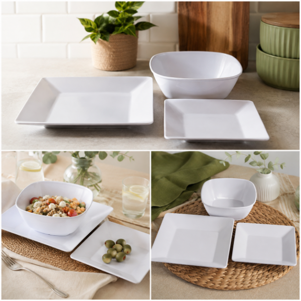 Producto - SET DE DOS PLATOS CUADRADOS Y ENSALADERA DE MELAMINA GASTRONOMICA - 1