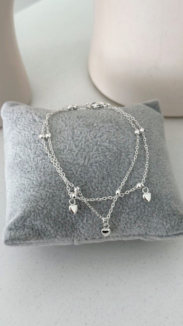 Producto - Pulsera doble dijes corazones ACERO BLANCO