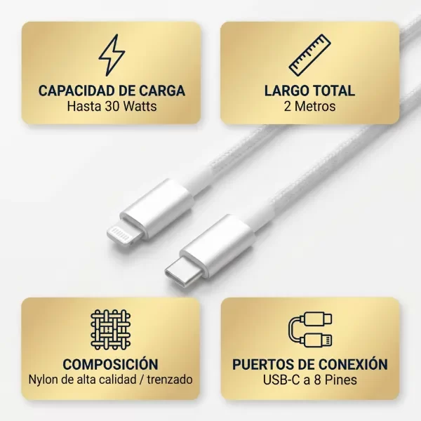 Producto - Cable USB-C a Lightning - Carga Rápida 30W - Blanco 2 Metros - Aitech - 1