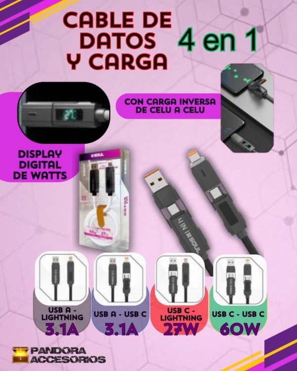 Producto - Cable de Datos y Carga 4 en 1 - Pantalla Led
