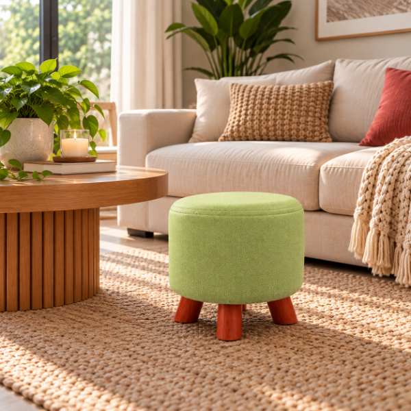 Producto - PUFF CIRCULAR C/ BASE MADERA 28CM DE DIAMETRO X 26 DE ALTURA TELA ACOLCHADA - 2