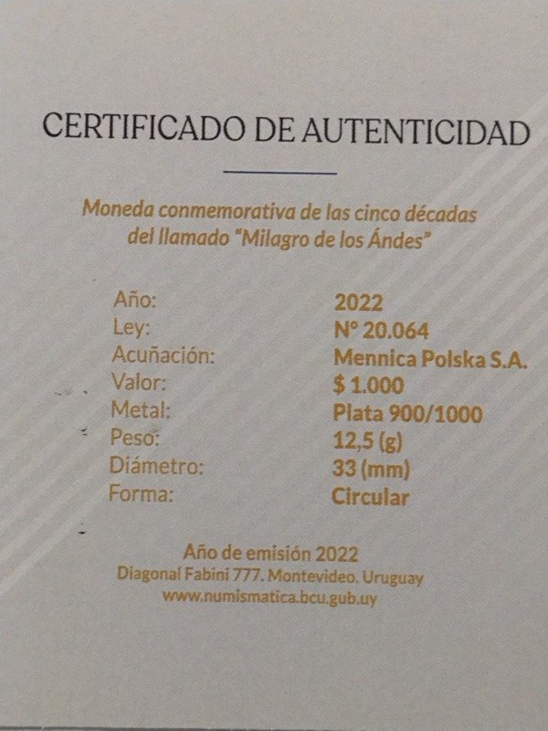 Producto - Uruguay 1000 pesos 2022 "Milagro de los Andes". 12.5 gramos plata 900 - 3