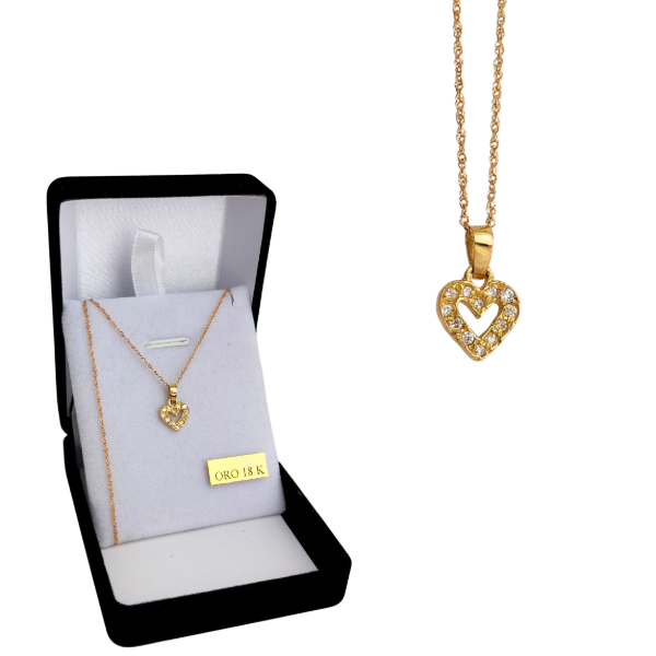 Producto - Conjunto Cadena y Dije Corazón con piedras Oro 18kt - 0