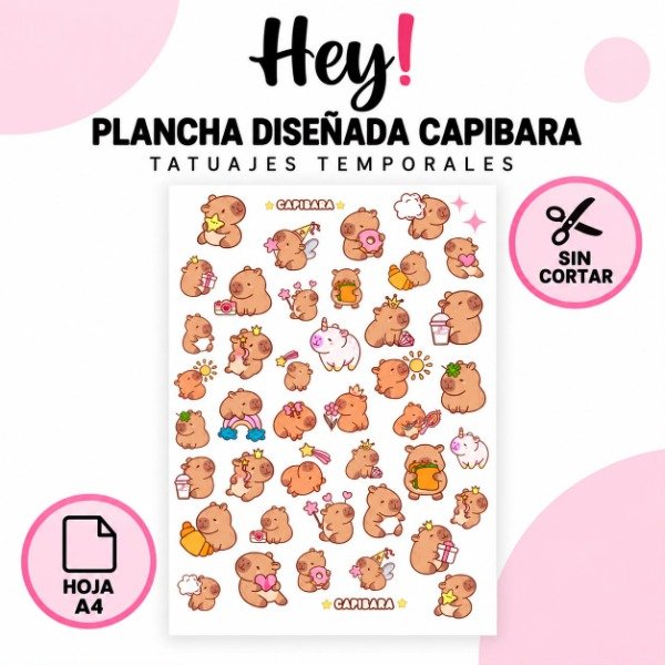 Producto - PLANCHA A4 PREDISEÑADA CAPIBARA - TATUAJES TEMPORALES - 0