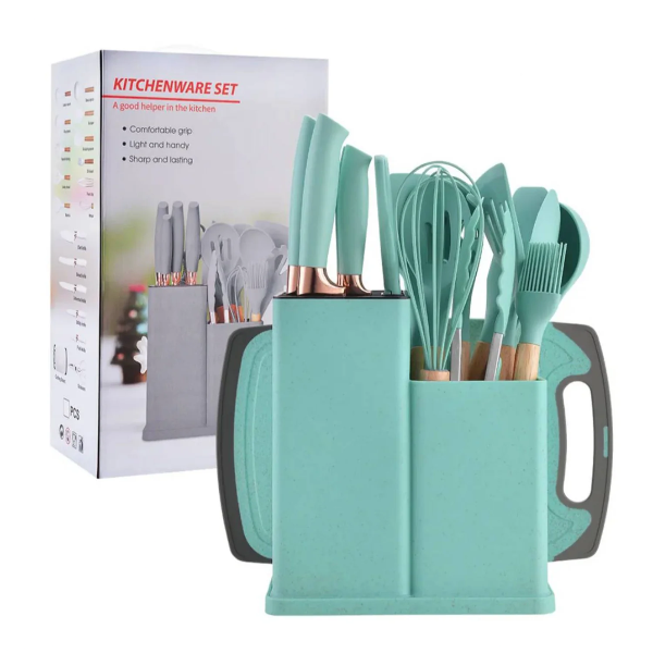 Producto - SET KIT 19 UTENSILIOS DE COCINA MANGO DE MADERA PUNTA SILICONA