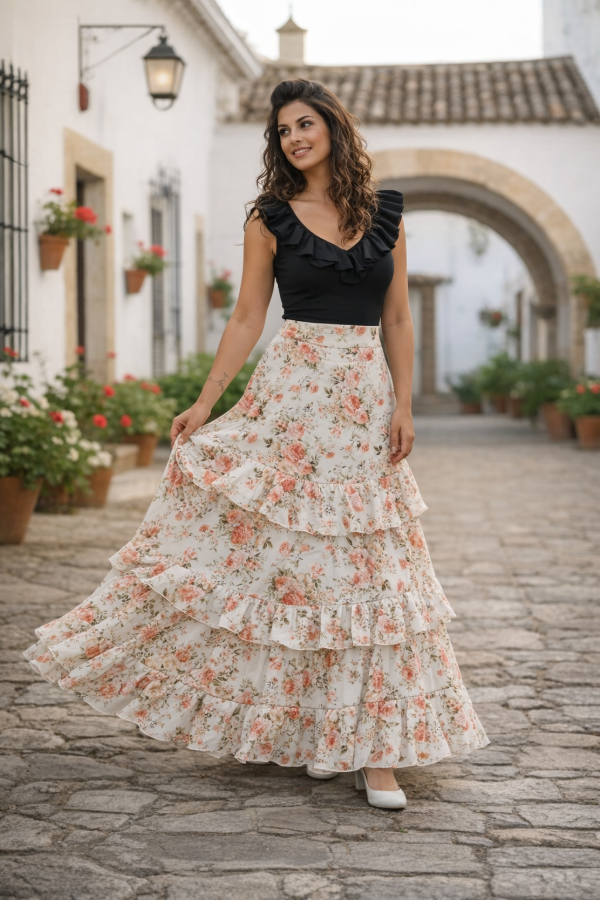 Producto - FALDA TUNEZ CREMA CON FLORES NARANJAS TM/L