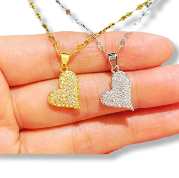 Producto - Collar corazón con cubic en acero dorado o acero blanco