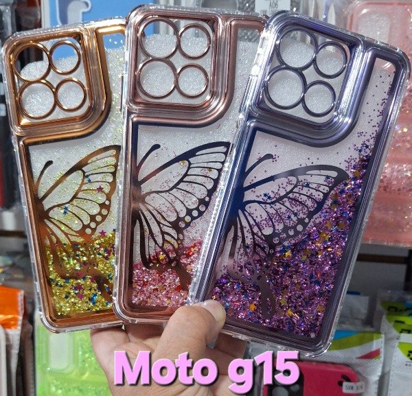 Producto - Fundas mariposas glitter con agua. Moto g15
