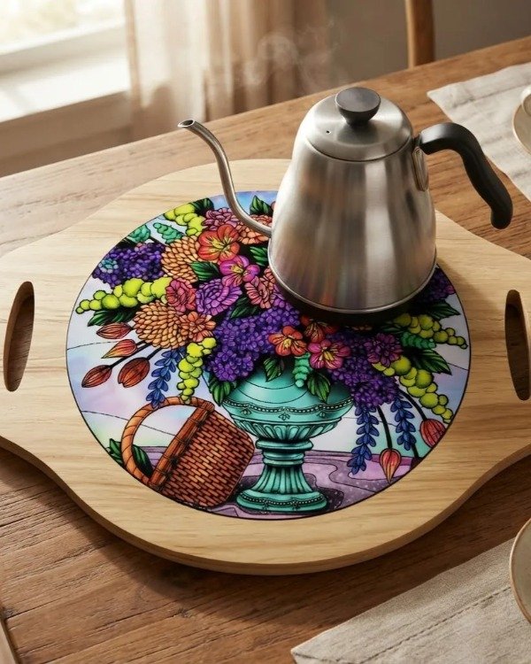 Producto - Posa Pava Fuente con asas Madera- Dibujo en PVC Redonda - 0