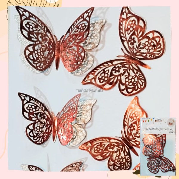Producto - Mariposas rosa gold dobles x6 unidades decorativas plasticas
