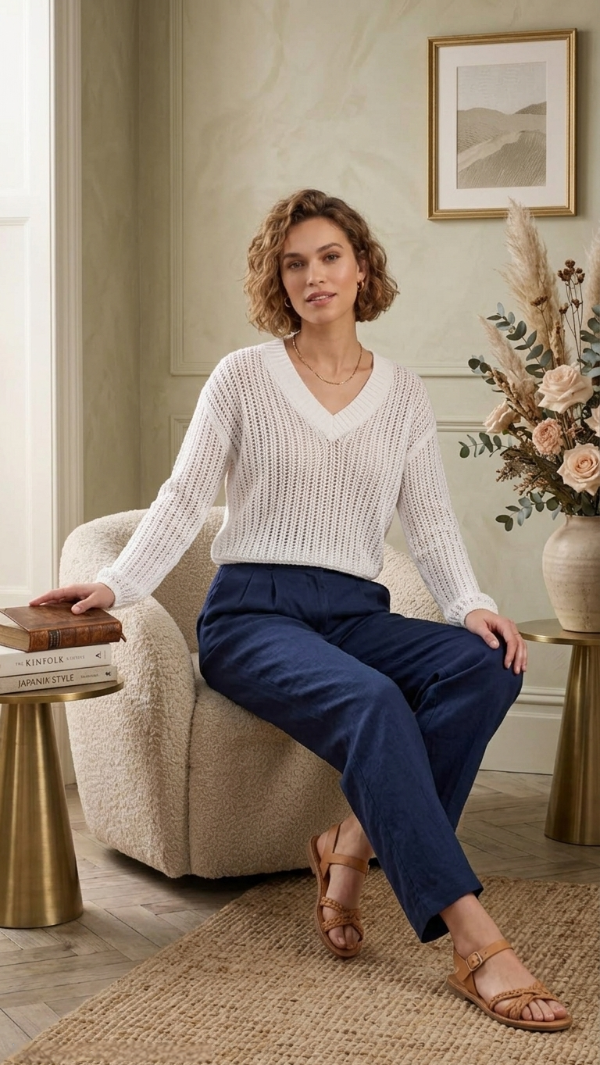 Producto - Suéter Crop de Punto Calado Algodón con Cuello en V ajuste relajado - 3