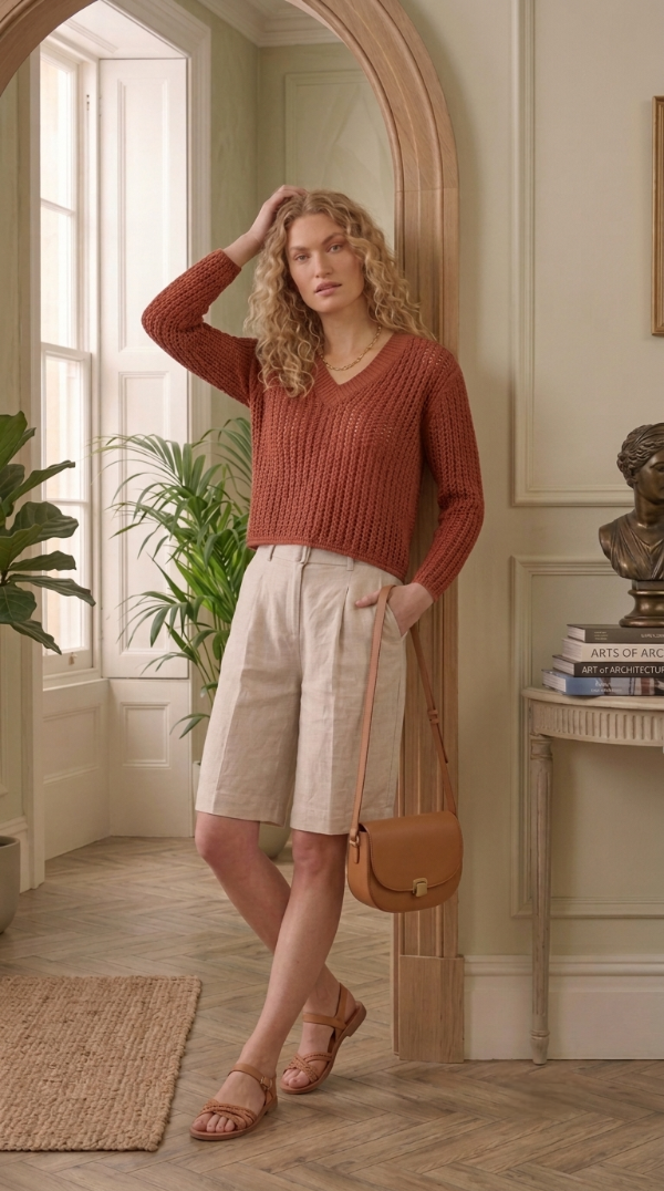 Producto - Suéter Crop de Punto Calado Algodón con Cuello en V ajuste relajado - 5
