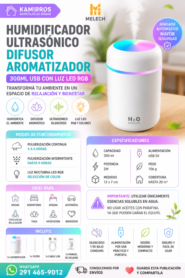 Producto - Humidificador Ultrasónico Difusor Aromatizador 300 ml USB con Luz LED RGB
