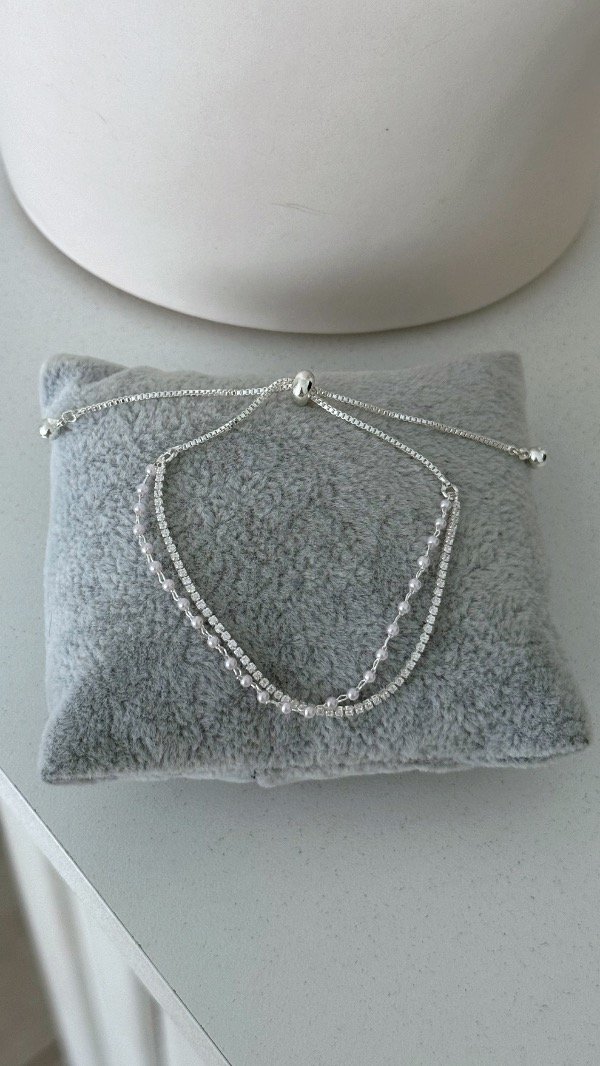 Producto - Pulsera ajustable doble strass y perlitas ACERO BLANCO