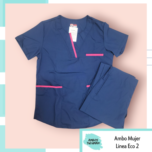 Producto - Ambo Eco Azul detalle Fucsia 2