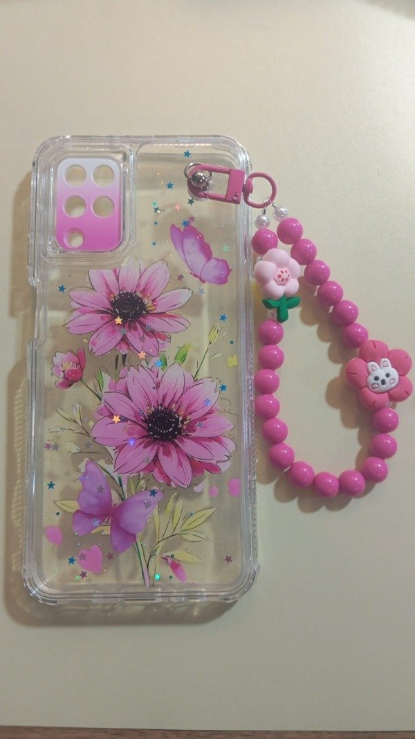 Producto - Funda Transparente Diseño Con Glitter y Cadena Flores para Samsung A12
