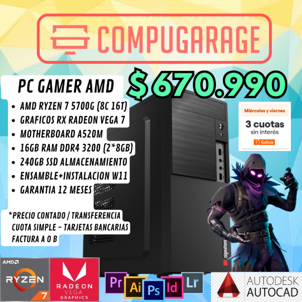 Producto - PC AMD RYZEN 7 5700G 16GB RAM 256GB SSD KIT GAB FUENTE 600W