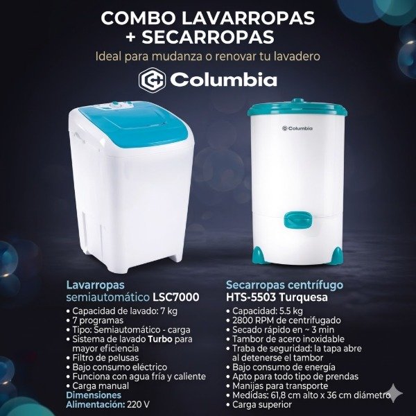 Producto - COMBO LAVARROPAS COLUMBIA LSC7000 7KG + SECARROPAS COLUMBIA