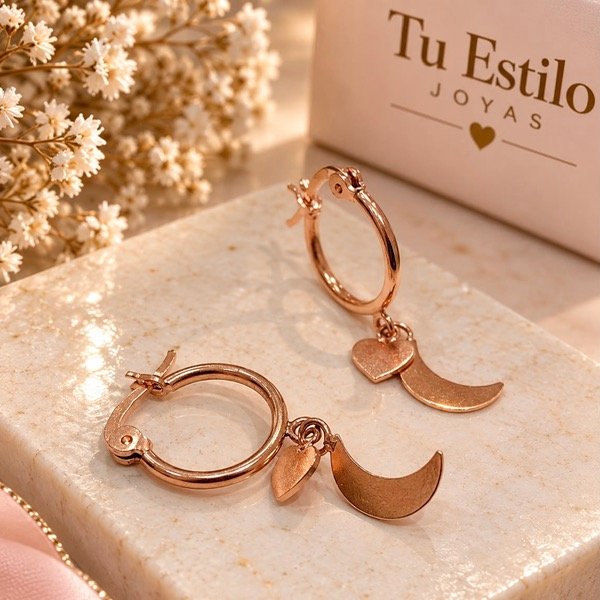 Producto - Aros argollitas dijes colgantes luna y corazón en Plata 925 Rose