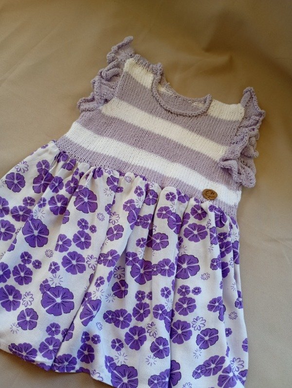 Producto - Vestido lila con volados y fibrana estampada. 0 - 6 meses