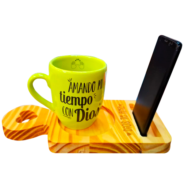 Producto - PROMO Tabla De Madera Pino Rectangular Posa Taza o Mate Y Porta Celular