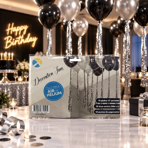 Producto - Kit Globos Plateado y Negro con Cortina 8168 - 1