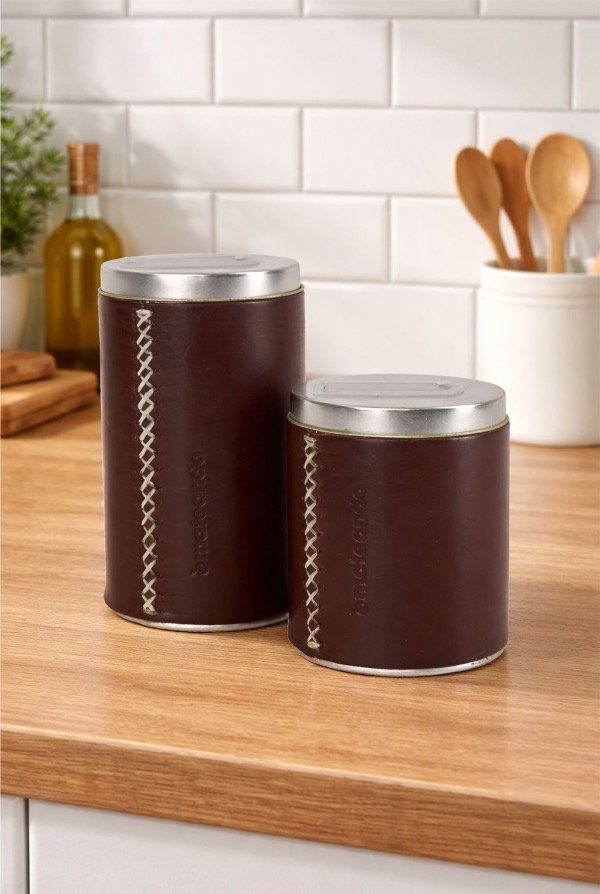 Producto - SET DE LATAS YERBERA Y AZUCARERA FORRADAS EN CUERO MARRON