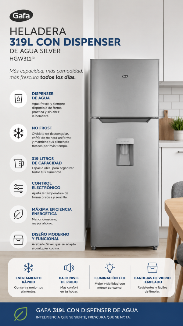 Producto - HELADERA GAFA 319L CON DISPENSER DE AGUA SILVER  HGW311P