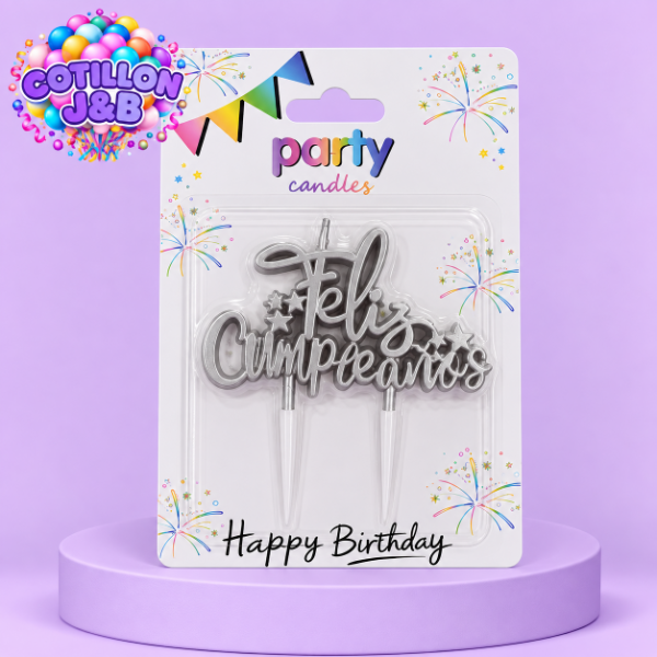 Producto - vela feliz cumpleaños plateado