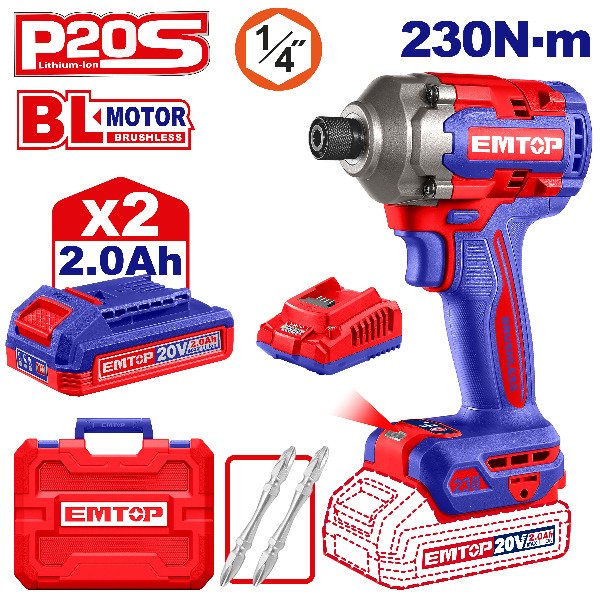Producto - llave impacto 230nm 1/4 con 2 baterias cargador accesorios emtop