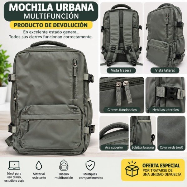 Producto - Mochila Urbana carry on Multifunción, Verde Excelente Estado Oferta