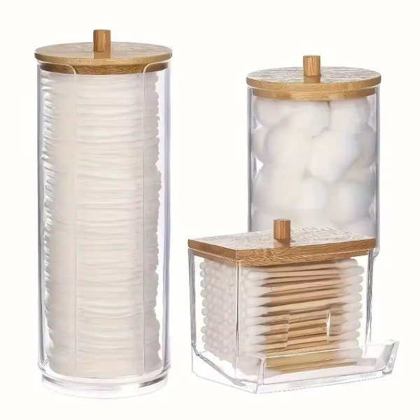 Producto - Organizador X3 Porta Discos Algodón Acrílico Tapa Bambú Baño