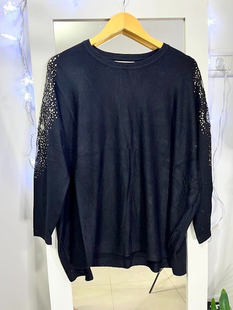 Producto - Sweater Premium Importado Amplio Oversize Brillos Calado 140 cm XXL Negro