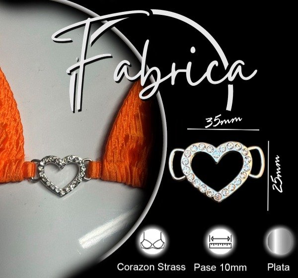 Producto - Herraje aplique corazón strass. Pase: 10mm (1 unidad). Plata- Niquel