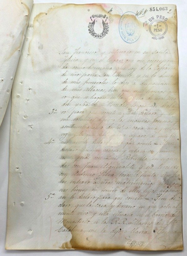 Producto - Testamento Notarial (1895) "Libre de Nación Benguela" / Inmueble Julio A. Roca - 1