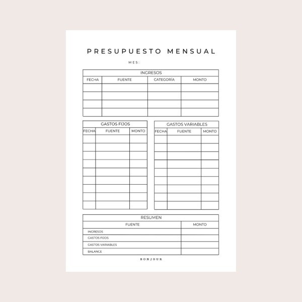 Producto - Repuesto A5 presupuesto mensual