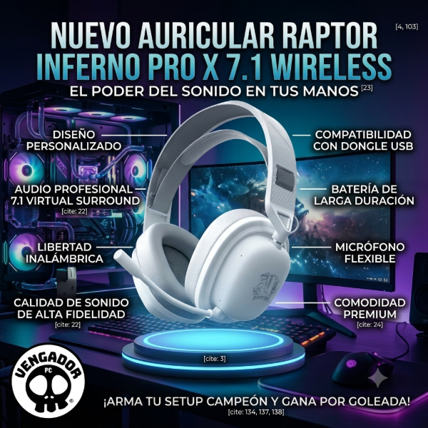 Producto - Auricular Gamer Raptor Inferno PRO X 7.1 Wireless c/Dongle blanco
