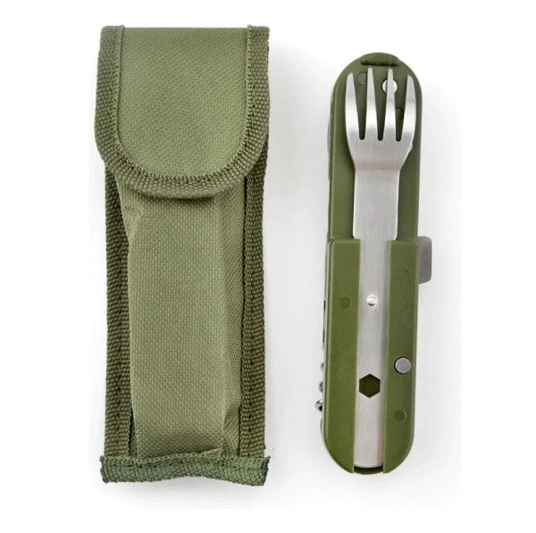 Producto - Set de Cubiertos tipo Militar para Camping con Funda Acero Inoxidable
