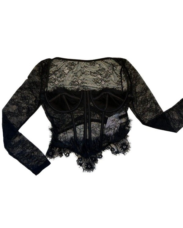 Producto - Top Corset de Encaje Floral con Mangas Largas - 0