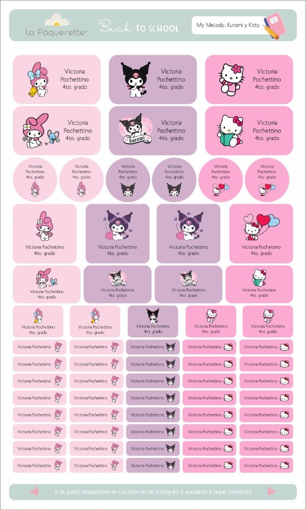 Producto - Etiquetas Escolares My Melody, Kuromi y Hello Kitty