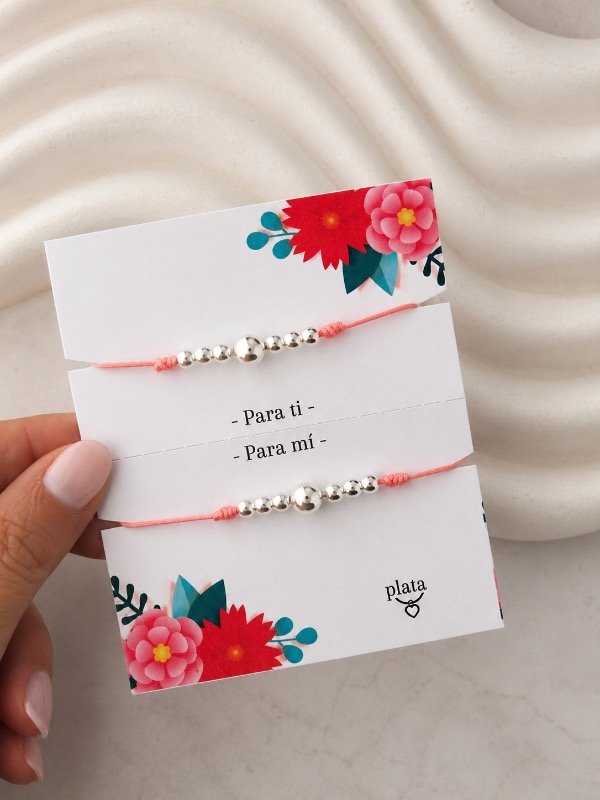 Producto - SET 2 PULSERAS REGULABLES BOLITAS DE PLATA HILO ROSA 0005