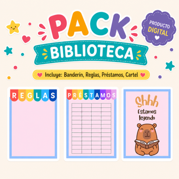 Producto - Pack Biblioteca Banderín Reglas Préstamos Cartel IMPRIMIBLE
