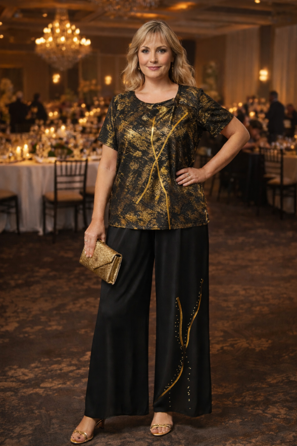 Producto - Conjunto Metalizado Amplio tipo Moda Italiana - Jaspe Dorado y Negro